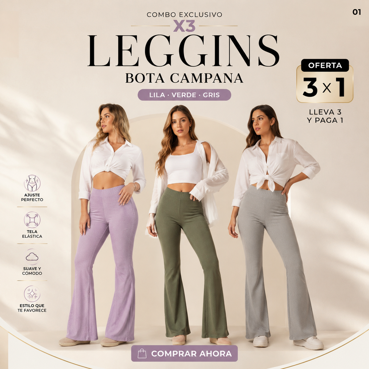 Combo 3 Leggins Bota Campana - Lujo y Confort