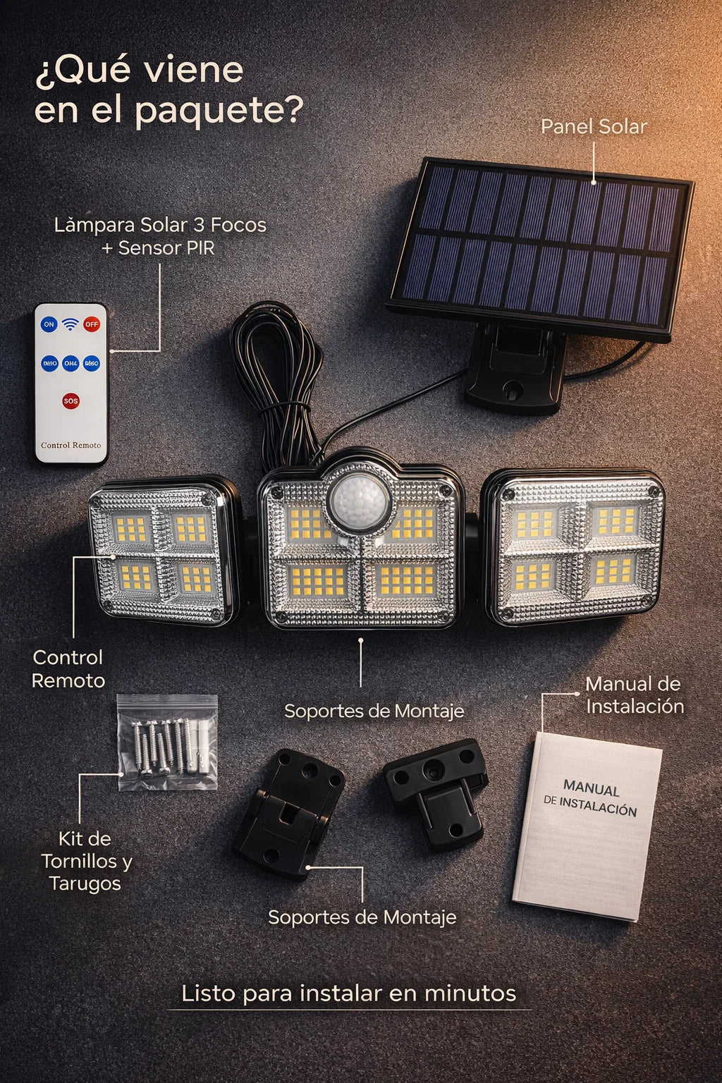 LAMPARA SOLAR DE 3 FOCOS CON SENSOR - SEGURIDAD, LUJO Y AHORRO ☀️🎇✨