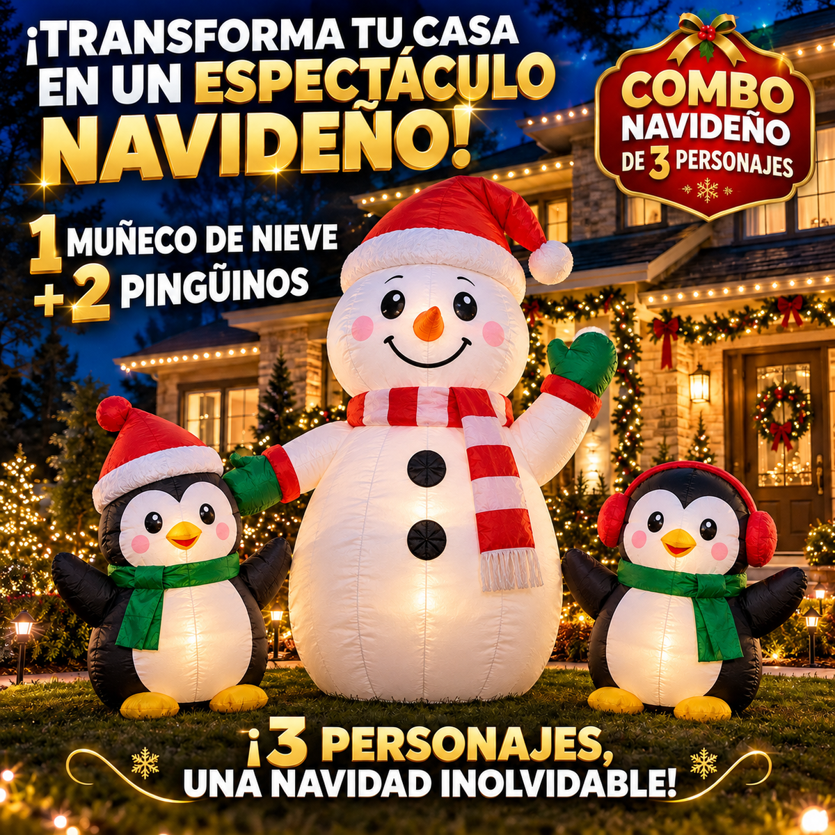 MUÑECO DE NIEVE + 2 PINGUINOS / LUJO Y FAMILIA ⛄🐧🎄