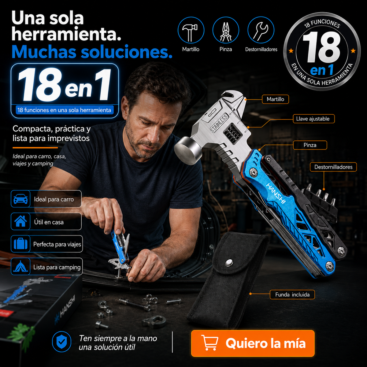 Multiherramienta 18 en 1 - Martillo y Llave Ajustable con Puntas de Destornillador