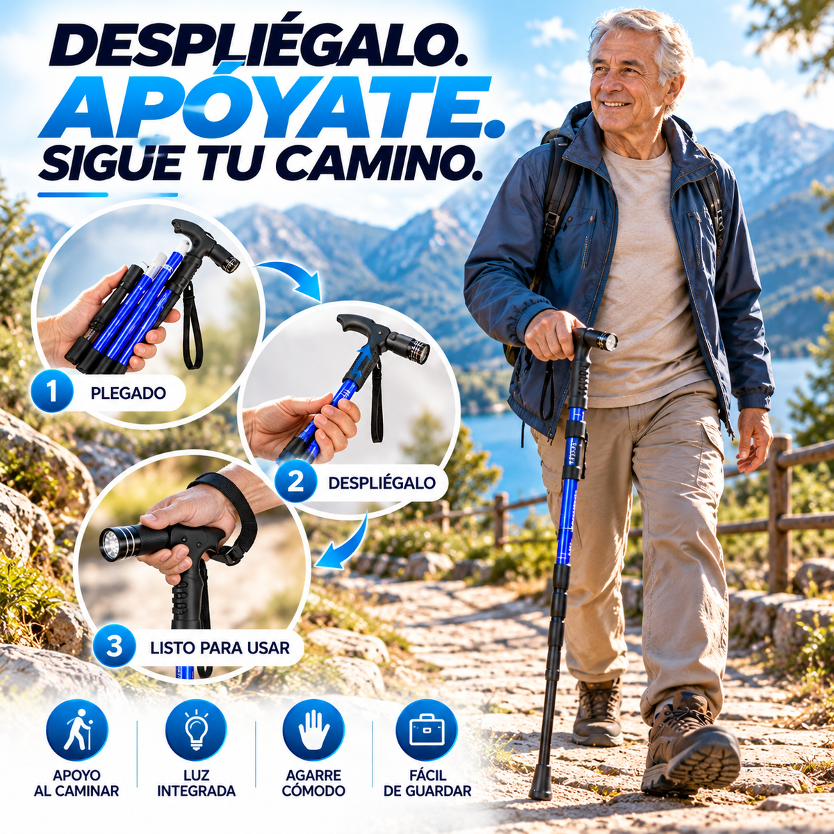 Bastón Plegable Con Linterna 2 En 1 / Apoyo Ligero