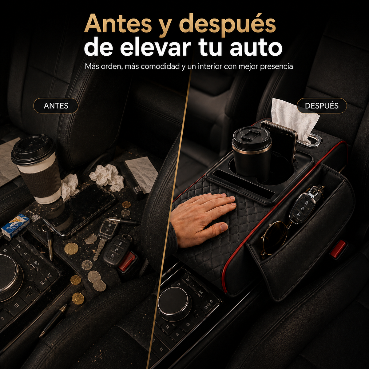 REPOSABRAZOS MULTFUNCIONAL EN CUERO PAR AUTO 🥤🚘✨