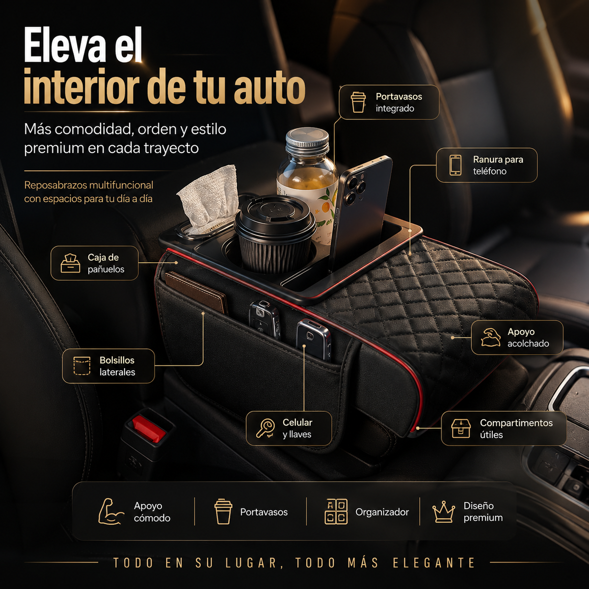 REPOSABRAZOS MULTFUNCIONAL EN CUERO PAR AUTO 🥤🚘✨