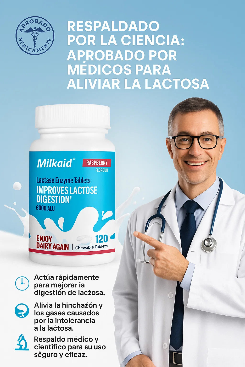 Milkaid Lactase Enzyme  -   Alivio de la Intolerancia a La Lactosa Previniendo esa Hinchazón