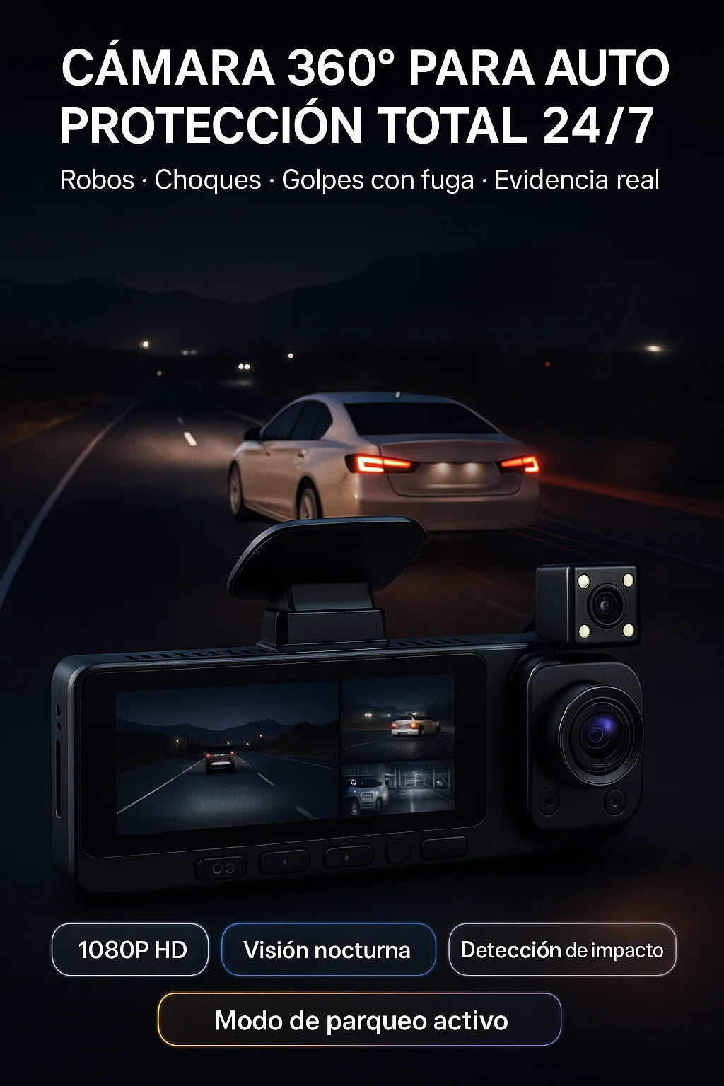Dashcam 360 de 3 Lentes Para Coche - Evita Choques y Robos Repentinos 🚘🎞️💥