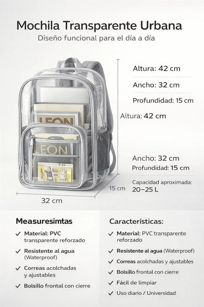 MOCHILA TRANSPARENTE UNISEX - ESTILO URBANO PARA TU AÑO ESCOLAR 🎒📚✨