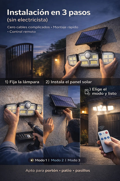 LAMPARA SOLAR DE 3 FOCOS CON SENSOR - SEGURIDAD, LUJO Y AHORRO ☀️🎇✨