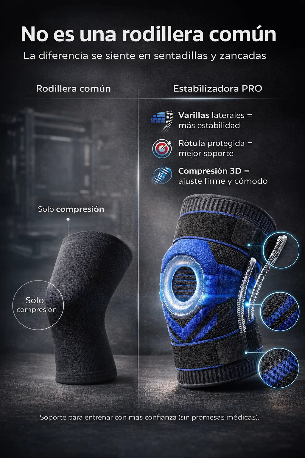 RODILLERA DEPORTIVA GYM CON GEL Y VARILLAS LATERALES PARA UNA TECNOLOGIA AVANZADA 🦵🏻⚙️🏋🏻‍♂️